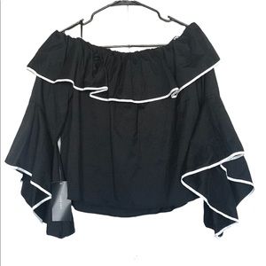 Zara Off the Shoulder Black White Ruffle Trim Bell Sleeve L